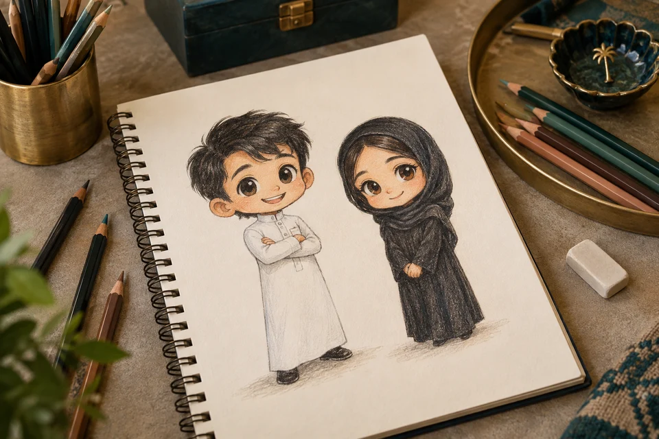 شخصيتا Chibi سعوديتان لفتى بثوب وفتاة بعباية مرسومتان بالأقلام الملونة في دفتر على طاولة استديو