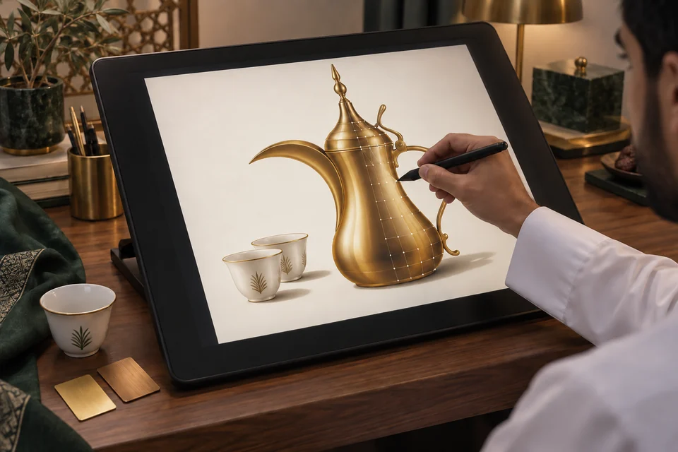 رسم متجهي لدلّة عربية بتدرجات ذهبية وخطوط شبكة تلوين على شاشة قلم رقمي