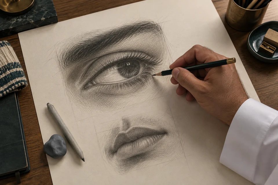 يد بقميص ثوب أبيض تعمل بقلم رصاص على دراسة لعين وفم بملامح عربية فوق ورق رسم