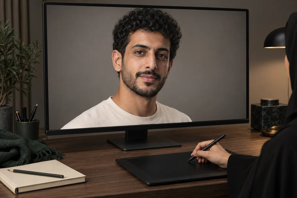 صورة بورتريه لرجل سعودي بشعر مجعد وحواف دقيقة على شاشة معالجة صور داخل استديو