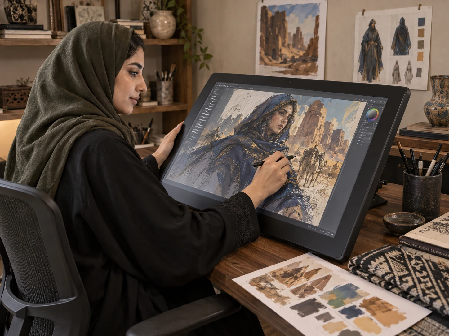 فنانة عربية ترسم شخصية رقمية على شاشة قلم في استوديو احترافي — صورة توضيحية مولّدة