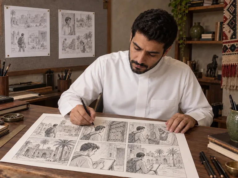 رسام سعودي ينفذ مشاهد قصة مصورة مستوحاة من العمارة السعودية داخل مرسم خاص — صورة توضيحية مولّدة