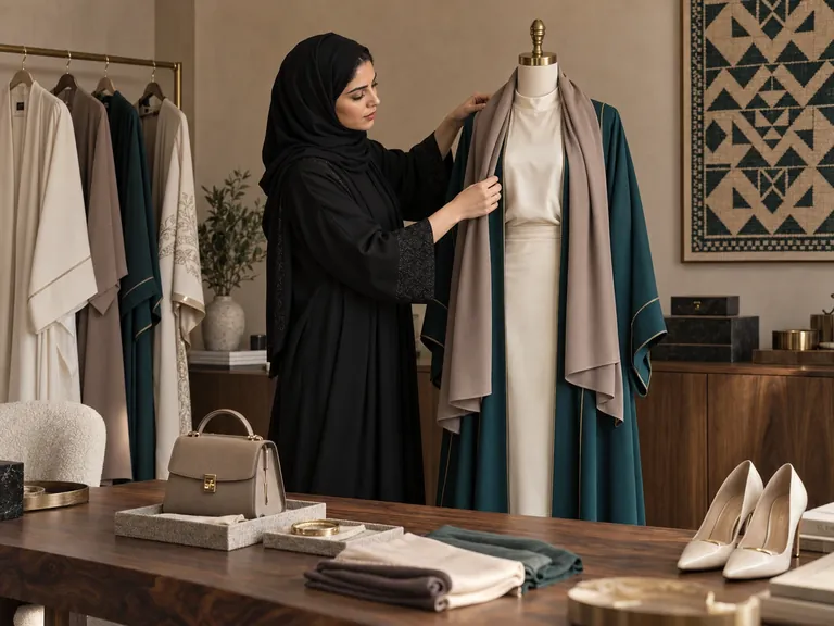 منسقة أزياء سعودية تنسق إطلالة على مانيكان مع الملابس والإكسسوارات في استوديو متخصص — صورة توضيحية مولّدة