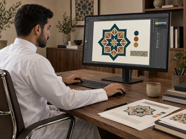 مصمم سعودي يعمل على زخرفة هندسية متجهة على الشاشة وبجواره نماذج التصميم المطبوعة — صورة توضيحية مولّدة