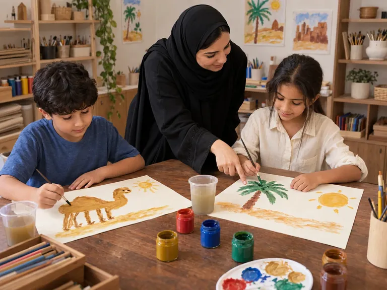 طفلان عربيان يتعلمان الرسم والتلوين مع معلمة داخل مرسم منظم — صورة توضيحية مولّدة