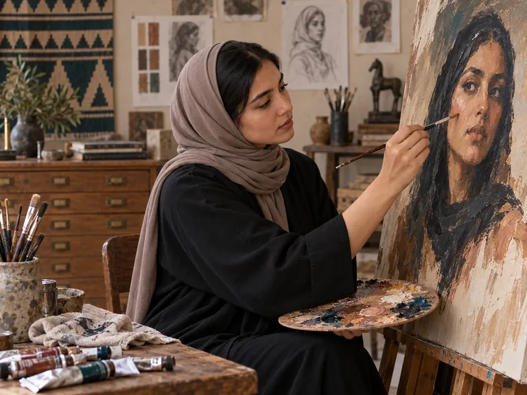 فنانة ترسم بورتريه عربيًا بالألوان الزيتية على حامل داخل استوديو فني أنيق — صورة توضيحية مولّدة