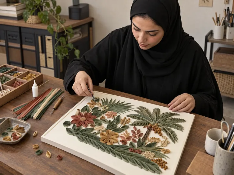 فنانة سعودية تشكل شرائط الورق الملونة إلى تكوين زهري دقيق في استوديو حرف احترافي — صورة توضيحية مولّدة