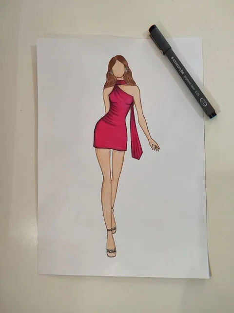 رسم تصميم فستان وردي