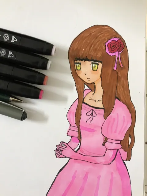 رسم شخصية بفستان وردي