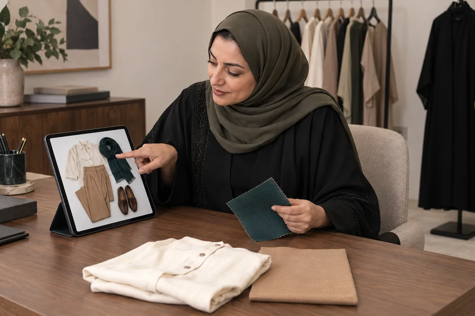 معلمة سعودية تراجع تنسيق إطلالة على جهاز لوحي وتقارن ألوانها وقطعها الأساسية أمامها — صورة توضيحية مولّدة