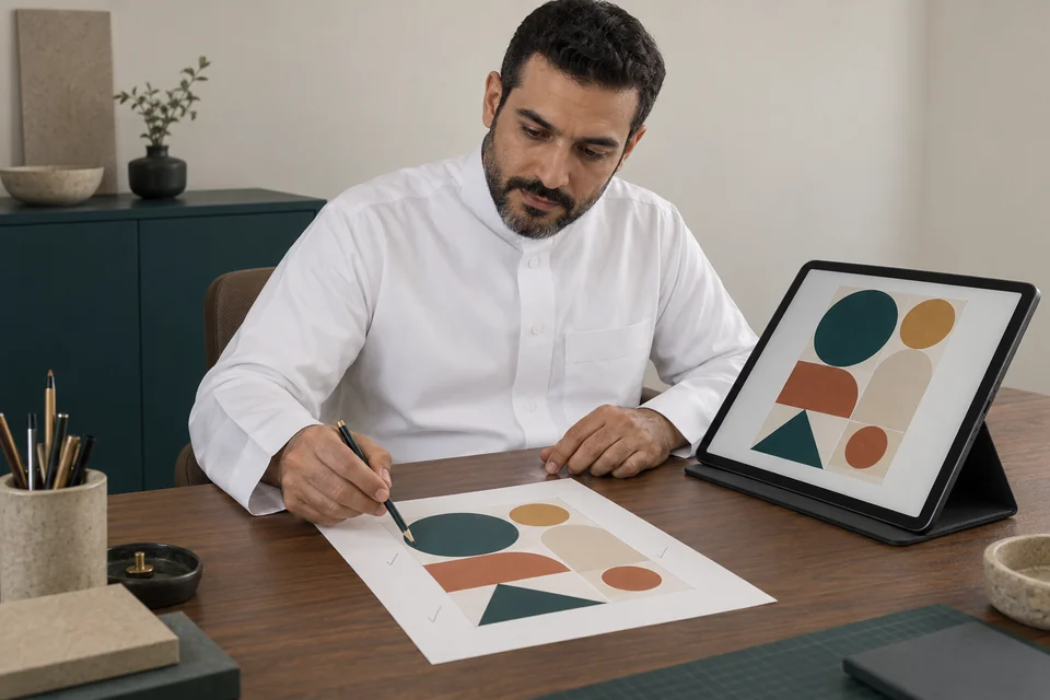 صورة توضيحية مولّدة لمعلّم سعودي بثوب أبيض يراجع محاذاة أشكال متجهة على شاشة ونسخة ورقية ويشير إلى موضع تحسين
