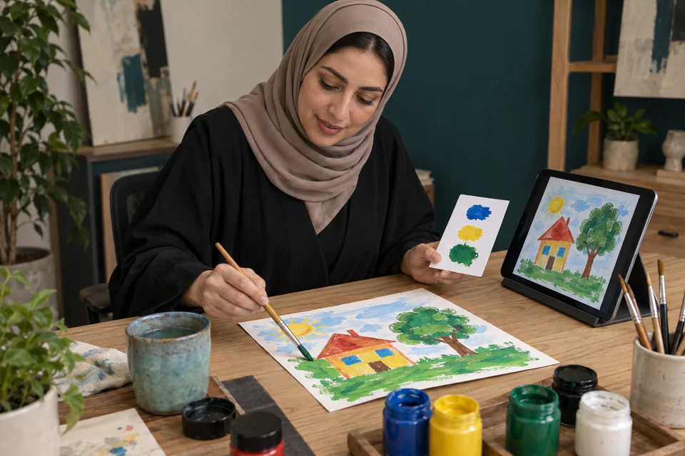 صورة توضيحية مولدة لمعلّمة تراجع لوحات طفل وتجارب مزج ألوان الأكريليك.