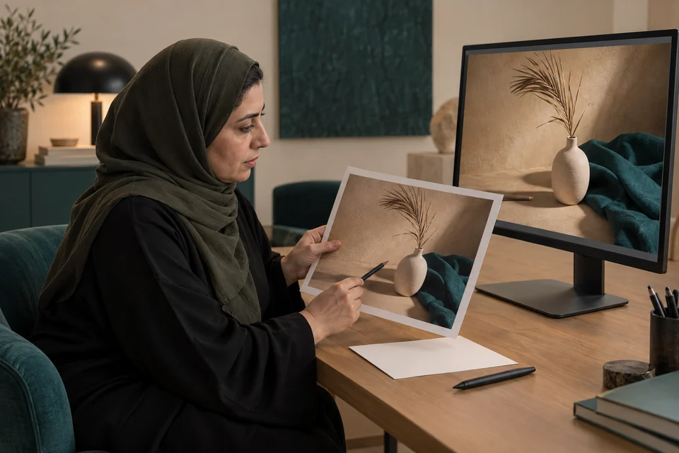 صورة توضيحية مولّدة لمعلّمة سعودية تراجع معالجة صورة فوتوغرافية وتقارن الإضاءة بين نسخة مطبوعة والصورة المعروضة على الشاشة